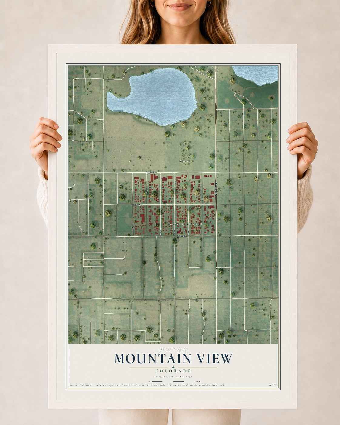 Map of Mountain View, Colorado, 24 x 36 inch print in a white wood frame