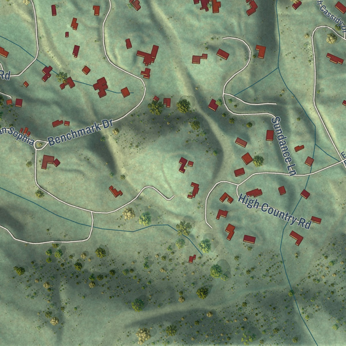 Second close-up of the map of Mountain Village, Colorado print showing more streets and buildings