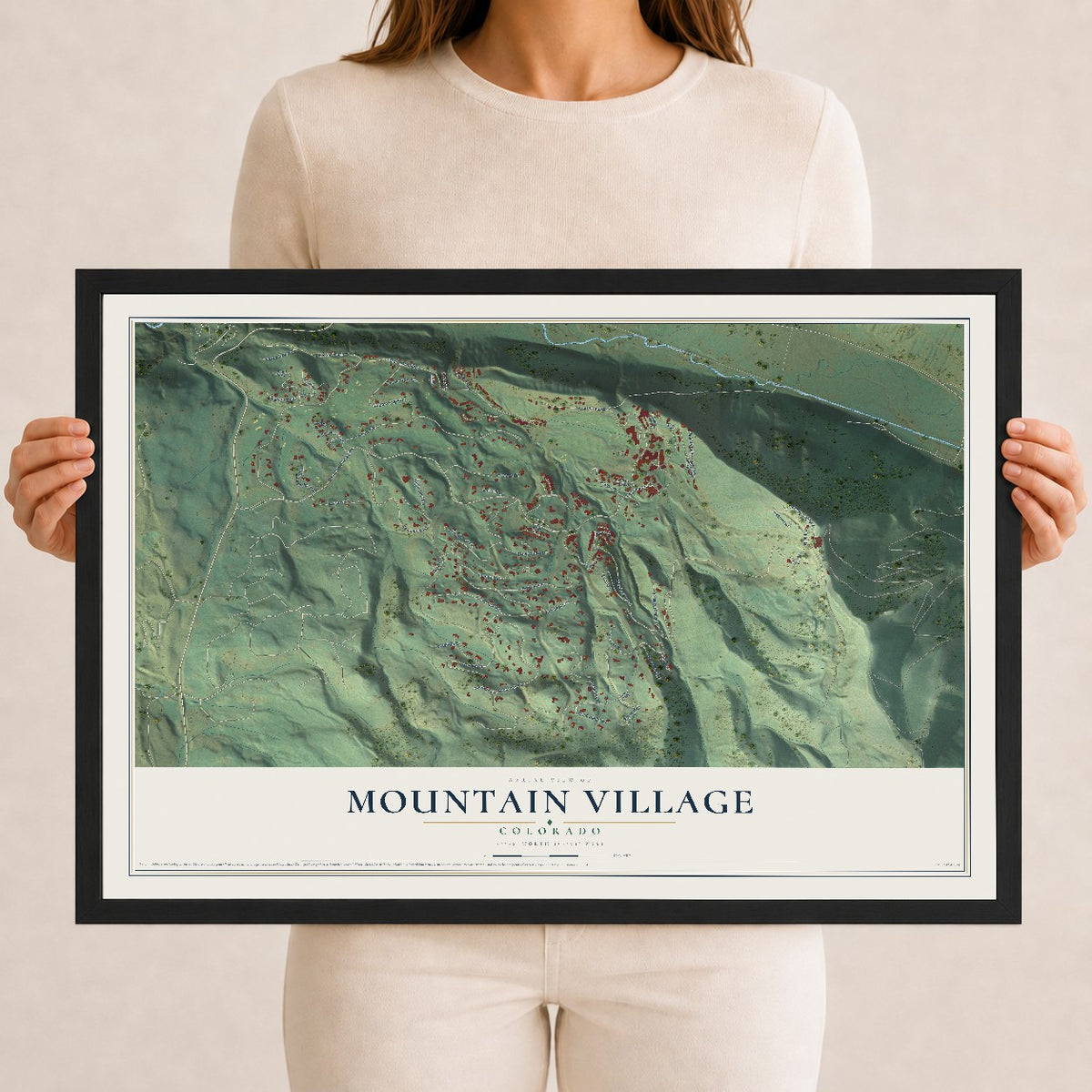 Map of Mountain Village, Colorado, 12 x 18 inch print in a black wood frame