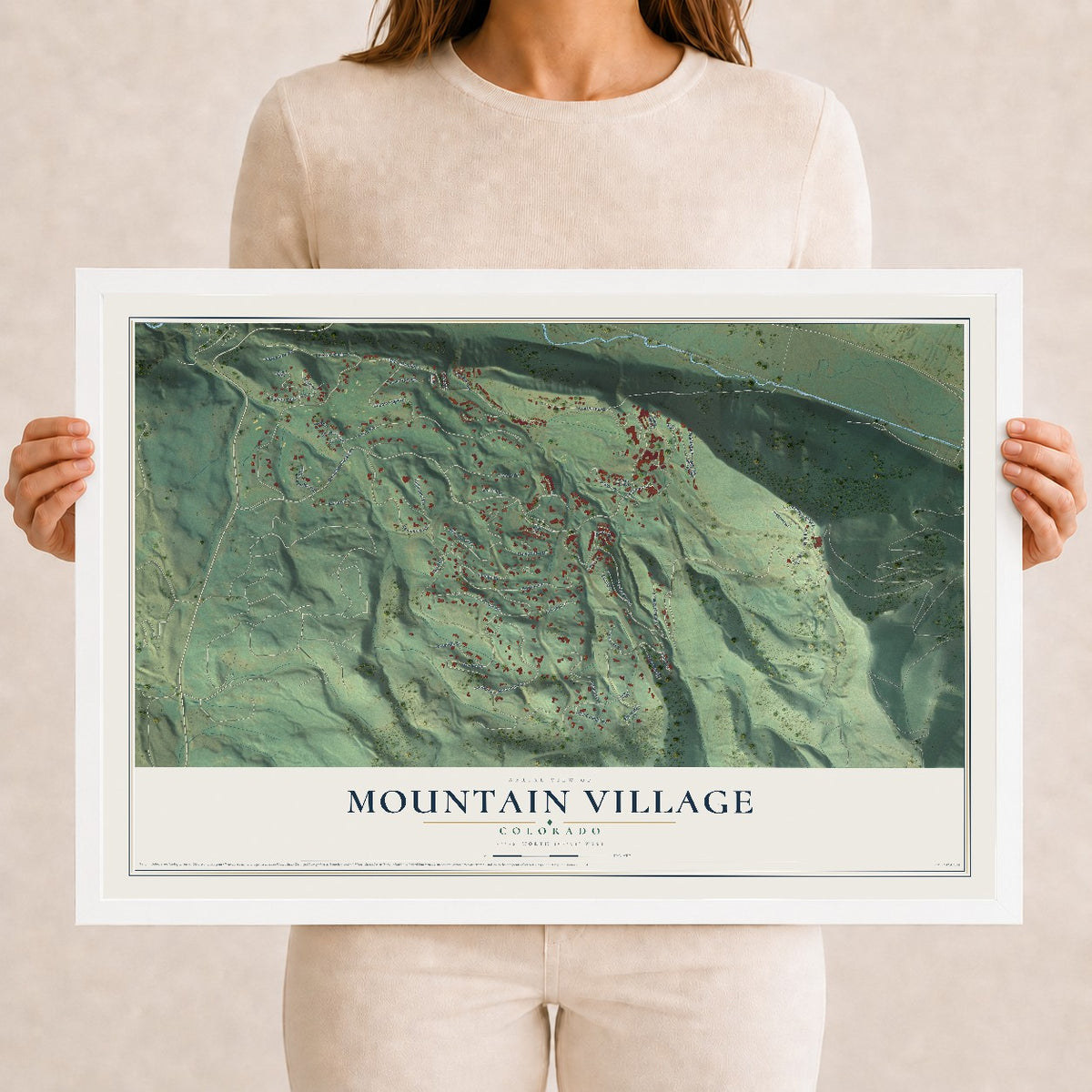 Map of Mountain Village, Colorado, 12 x 18 inch print in a white wood frame
