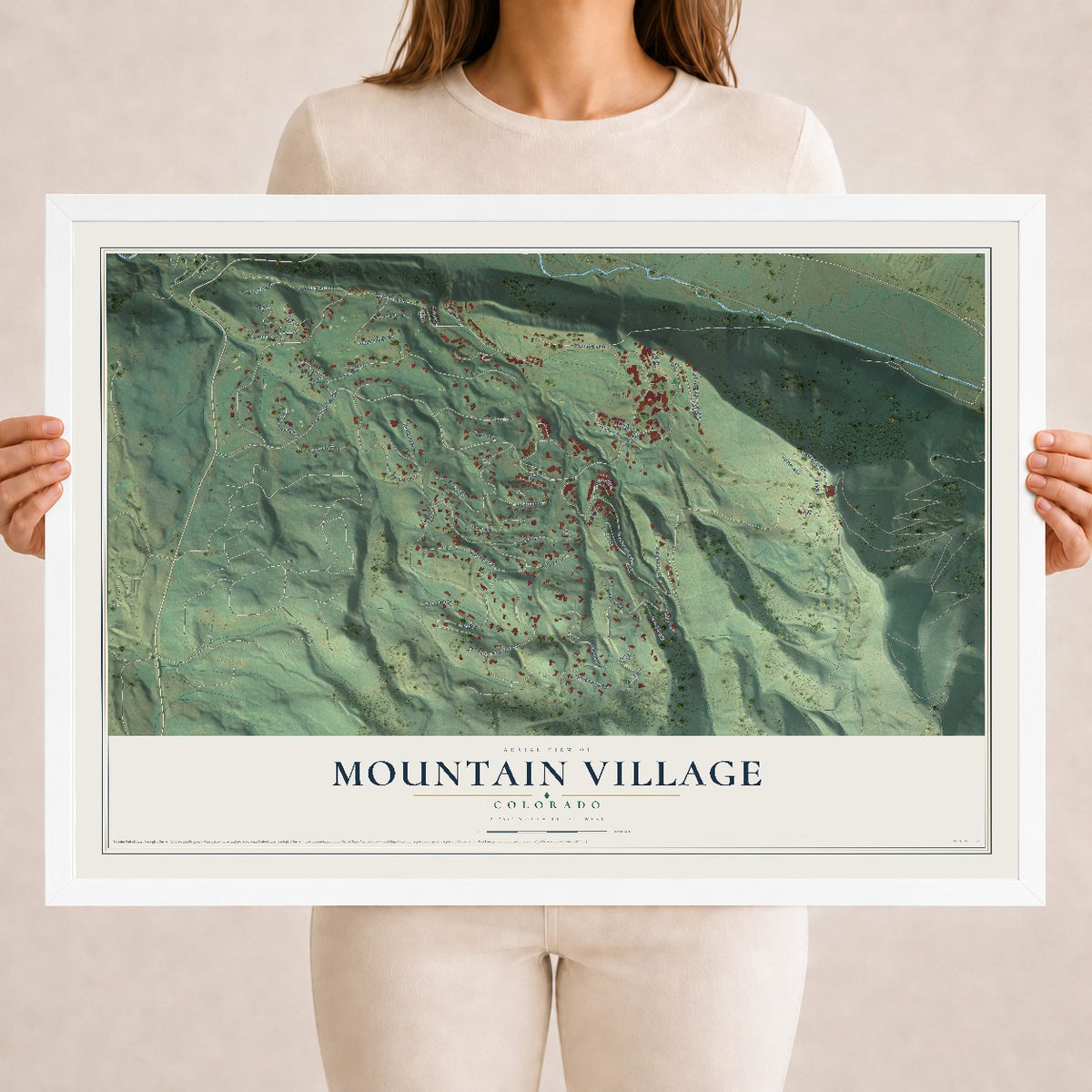 Map of Mountain Village, Colorado, 18 x 24 inch print in a white wood frame