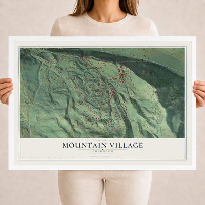 Map of Mountain Village, Colorado, 18 x 24 inch print in a white wood frame