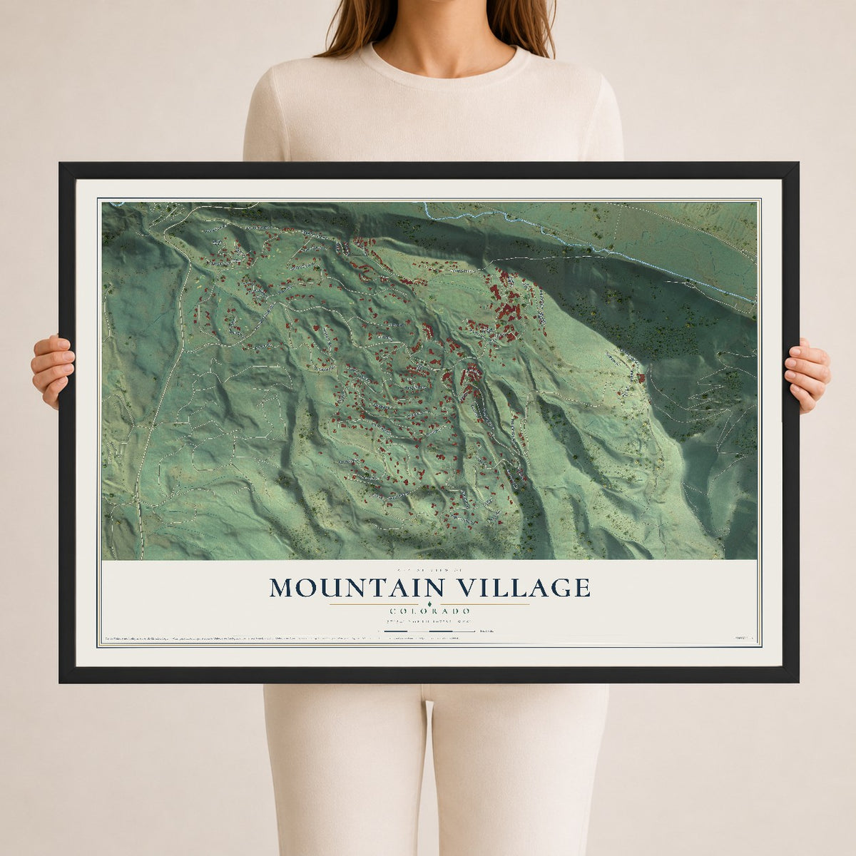 Map of Mountain Village, Colorado, 24 x 36 inch print in a black wood frame
