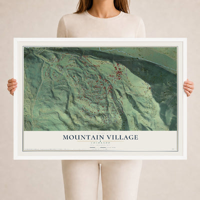 Map of Mountain Village, Colorado, 24 x 36 inch print in a white wood frame