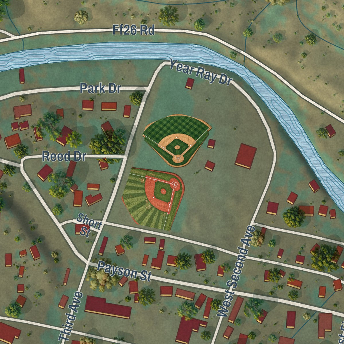 Close-up of the map of Naturita, Colorado print showing street and building detail