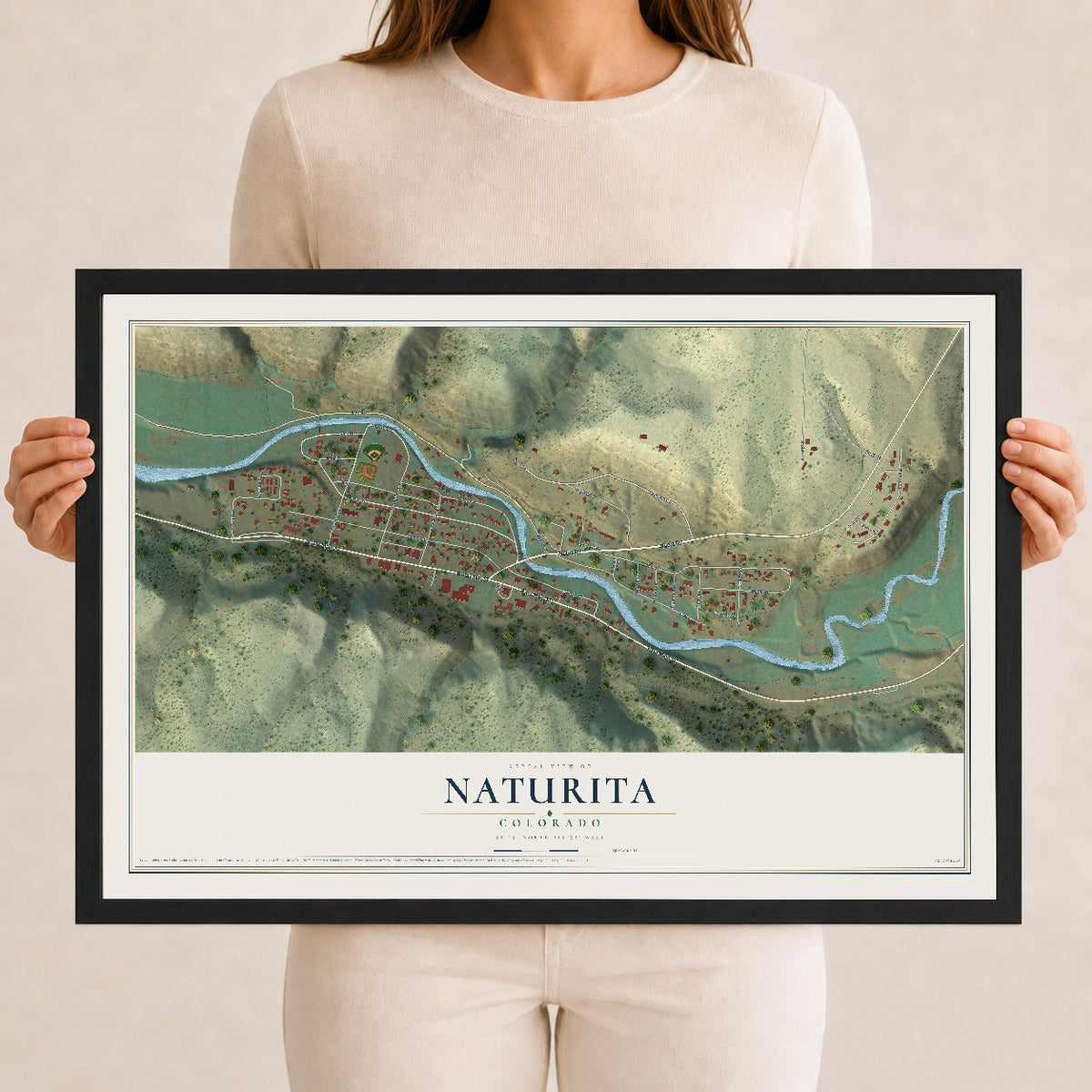 Map of Naturita, Colorado, 12 x 18 inch print in a black wood frame