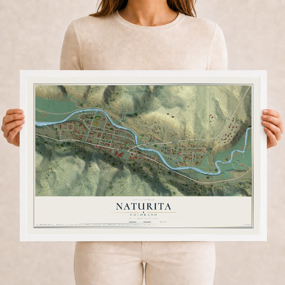 Map of Naturita, Colorado, 12 x 18 inch print in a white wood frame