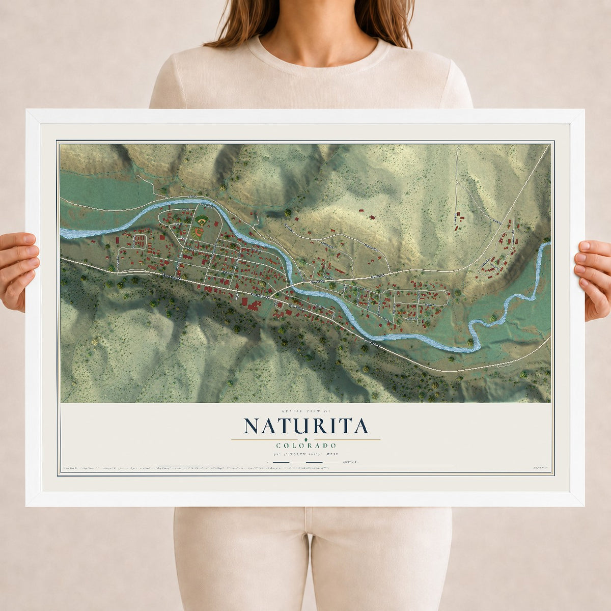 Map of Naturita, Colorado, 18 x 24 inch print in a white wood frame