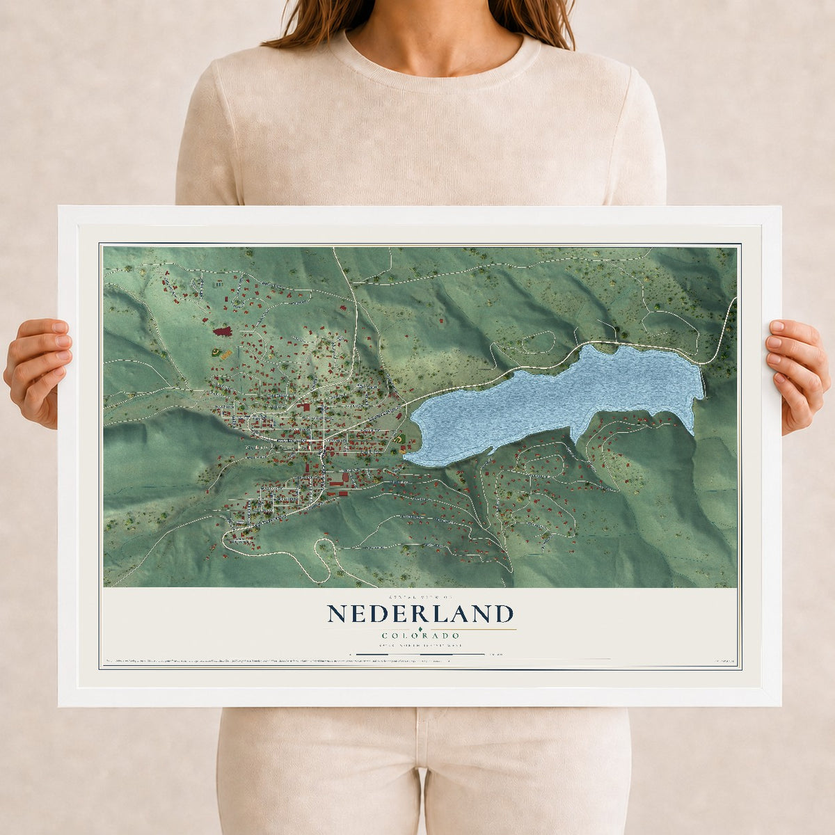 Map of Nederland, Colorado, 12 x 18 inch print in a white wood frame