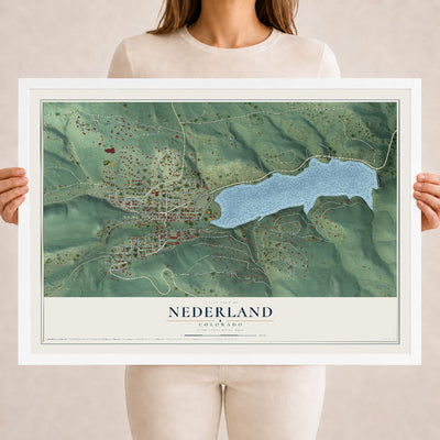 Map of Nederland, Colorado, 18 x 24 inch print in a white wood frame