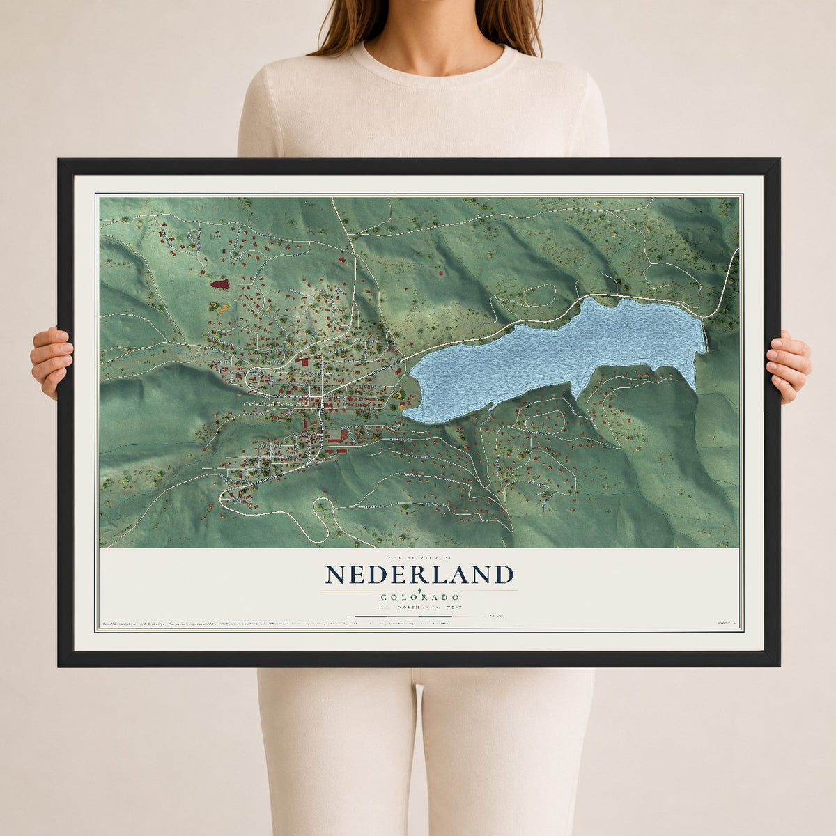 Map of Nederland, Colorado, 24 x 36 inch print in a black wood frame
