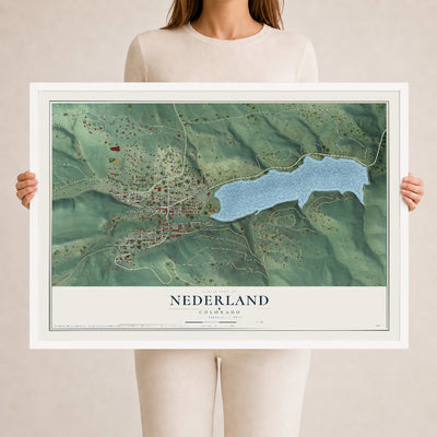 Map of Nederland, Colorado, 24 x 36 inch print in a white wood frame