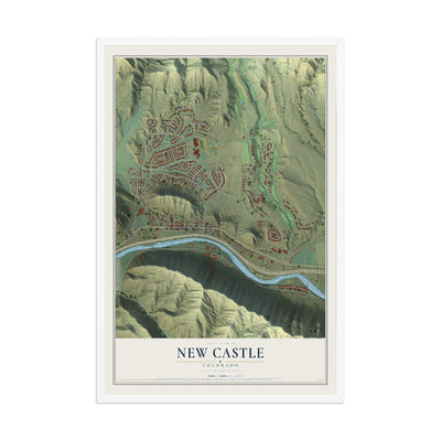 Map of New Castle, Colorado, 12 x 18 inch print in a white wood frame