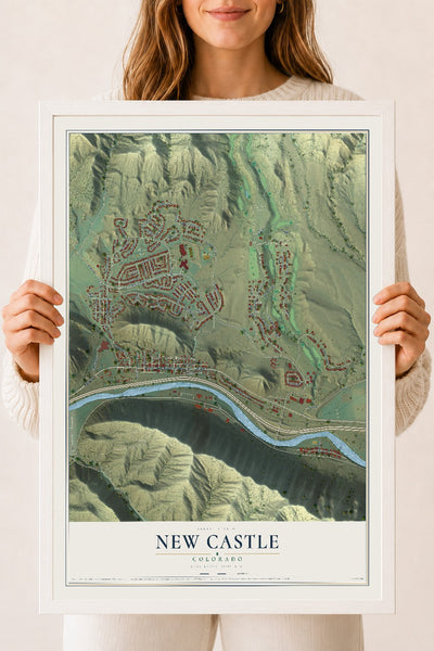 Map of New Castle, Colorado, 18 x 24 inch print in a white wood frame