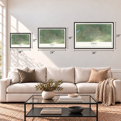 Niwot, Colorado map in 12 x 18, 18 x 24 and 24 x 36 inch sizes above a sofa