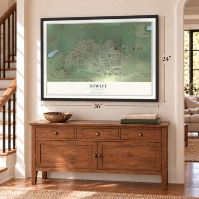 Niwot, Colorado map, 24 x 36 inch print in a black frame above a dresser by a staircase
