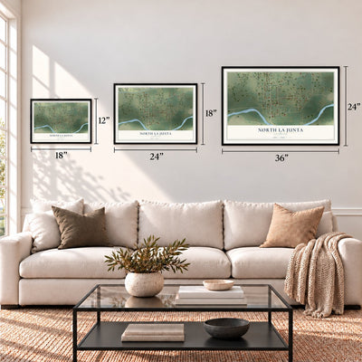 North La Junta, Colorado map in 12 x 18, 18 x 24 and 24 x 36 inch sizes above a sofa