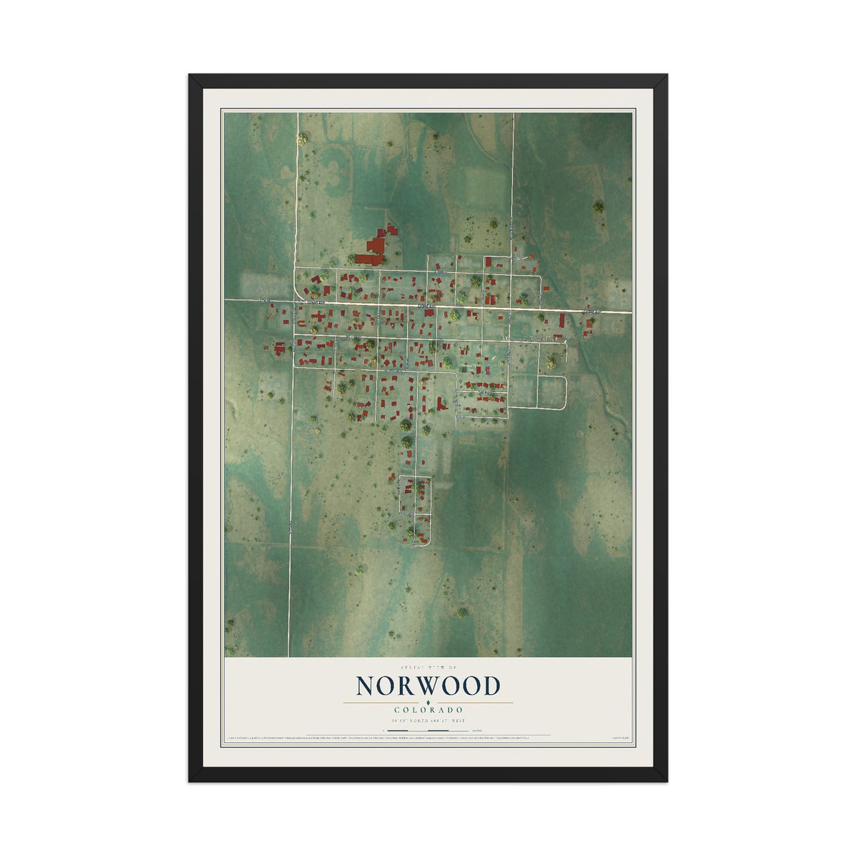 Map of Norwood, Colorado, 12 x 18 inch print in a black wood frame