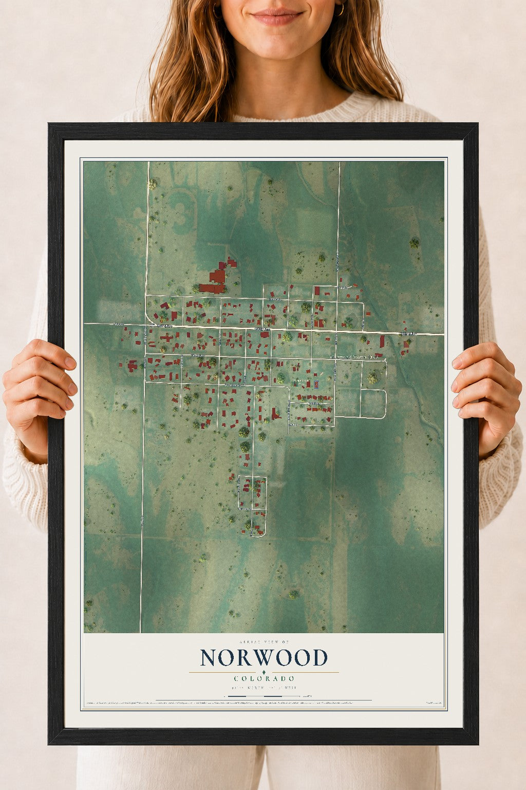 Map of Norwood, Colorado, 18 x 24 inch print in a black wood frame