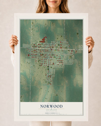 Map of Norwood, Colorado, 24 x 36 inch print in a white wood frame