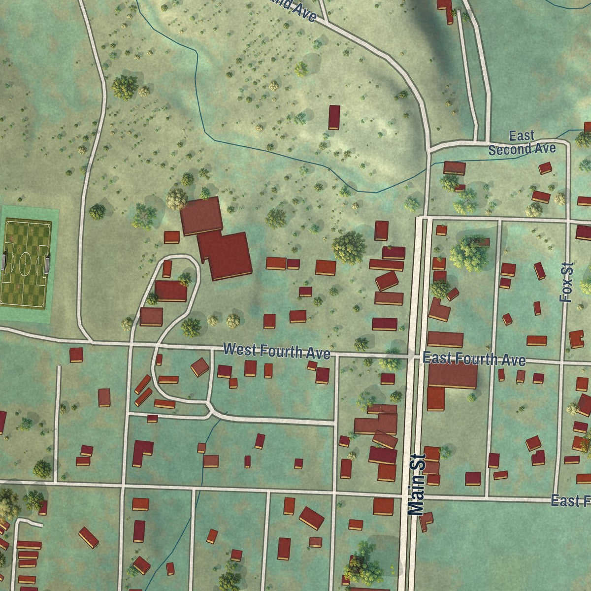 Close-up of the map of Nucla, Colorado print showing street and building detail