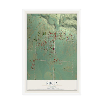 Map of Nucla, Colorado, 12 x 18 inch print in a white wood frame