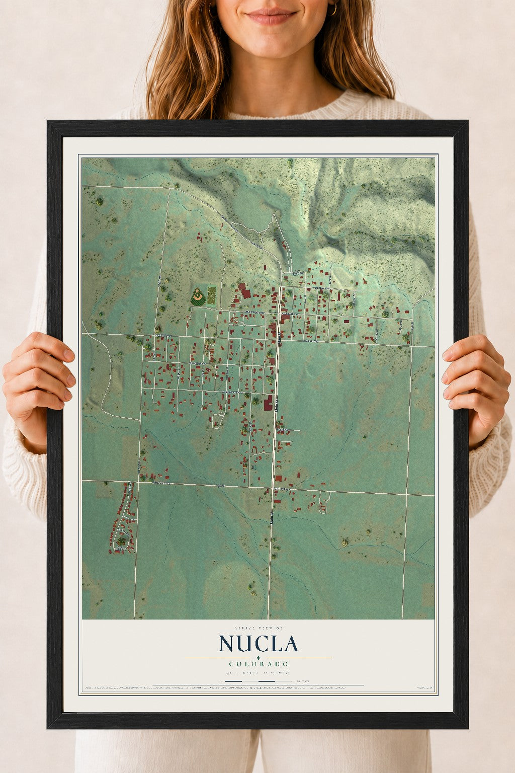 Map of Nucla, Colorado, 18 x 24 inch print in a black wood frame