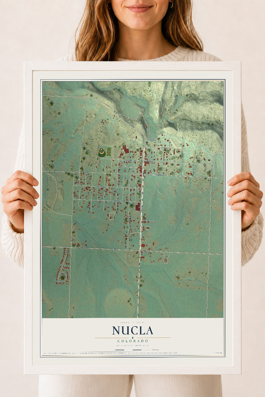 Map of Nucla, Colorado, 18 x 24 inch print in a white wood frame