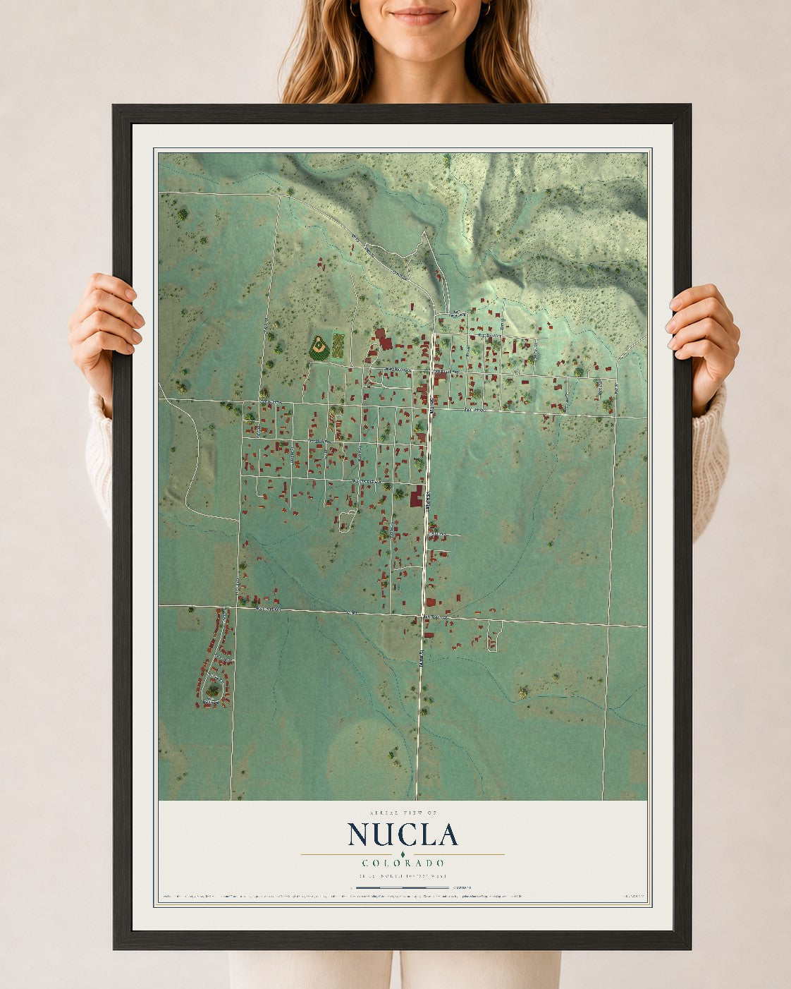 Map of Nucla, Colorado, 24 x 36 inch print in a black wood frame