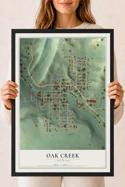 Map of Oak Creek, Colorado, 18 x 24 inch print in a black wood frame