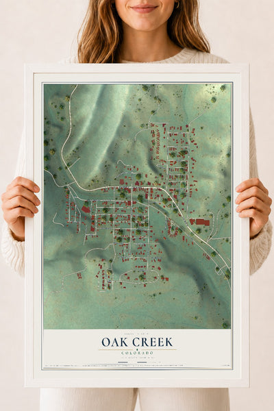 Map of Oak Creek, Colorado, 18 x 24 inch print in a white wood frame