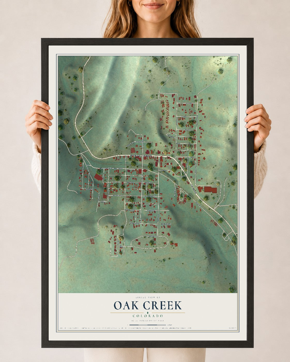 Map of Oak Creek, Colorado, 24 x 36 inch print in a black wood frame