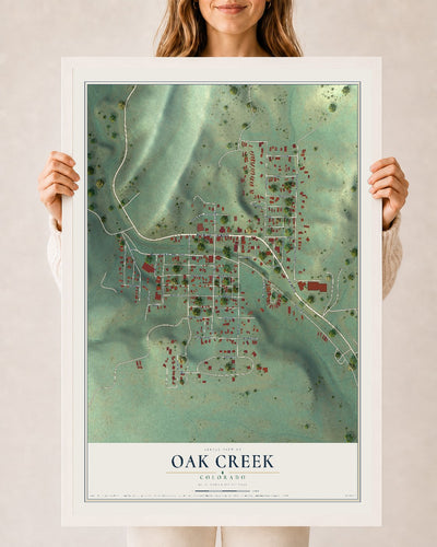 Map of Oak Creek, Colorado, 24 x 36 inch print in a white wood frame