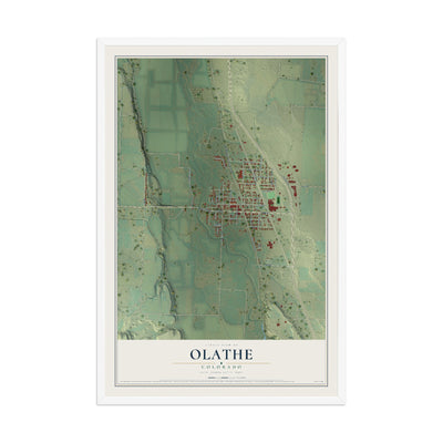 Map of Olathe, Colorado, 12 x 18 inch print in a white wood frame