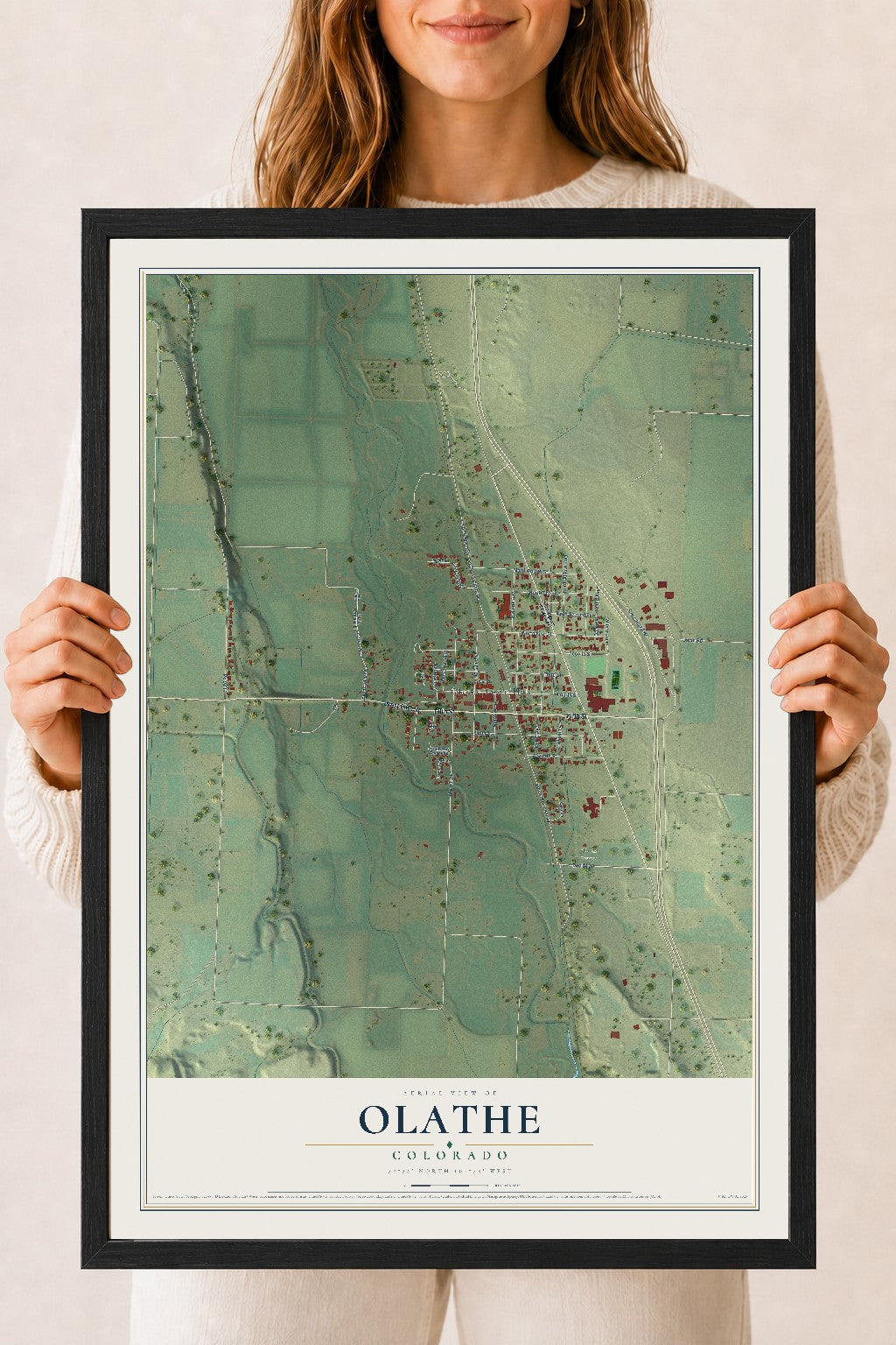 Map of Olathe, Colorado, 18 x 24 inch print in a black wood frame