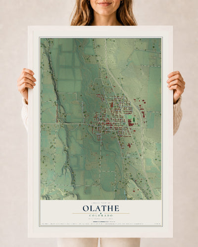 Map of Olathe, Colorado, 24 x 36 inch print in a white wood frame