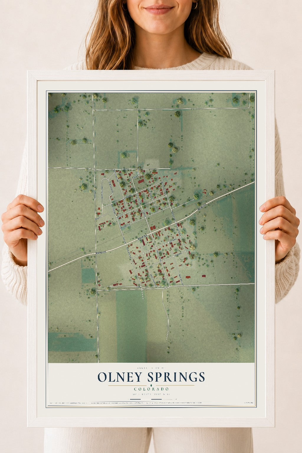 Map of Olney Springs, Colorado, 18 x 24 inch print in a white wood frame
