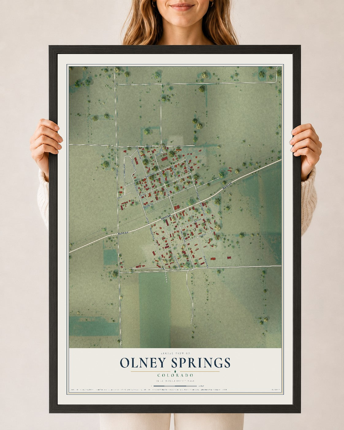 Map of Olney Springs, Colorado, 24 x 36 inch print in a black wood frame