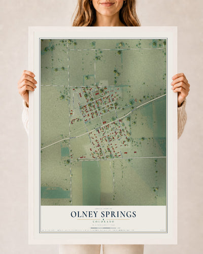 Map of Olney Springs, Colorado, 24 x 36 inch print in a white wood frame