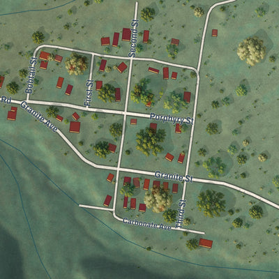 Close-up of the map of Ophir, Colorado print showing street and building detail