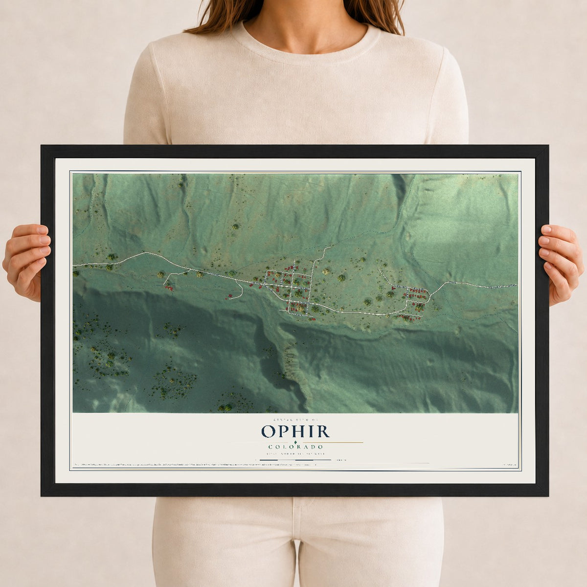 Map of Ophir, Colorado, 12 x 18 inch print in a black wood frame