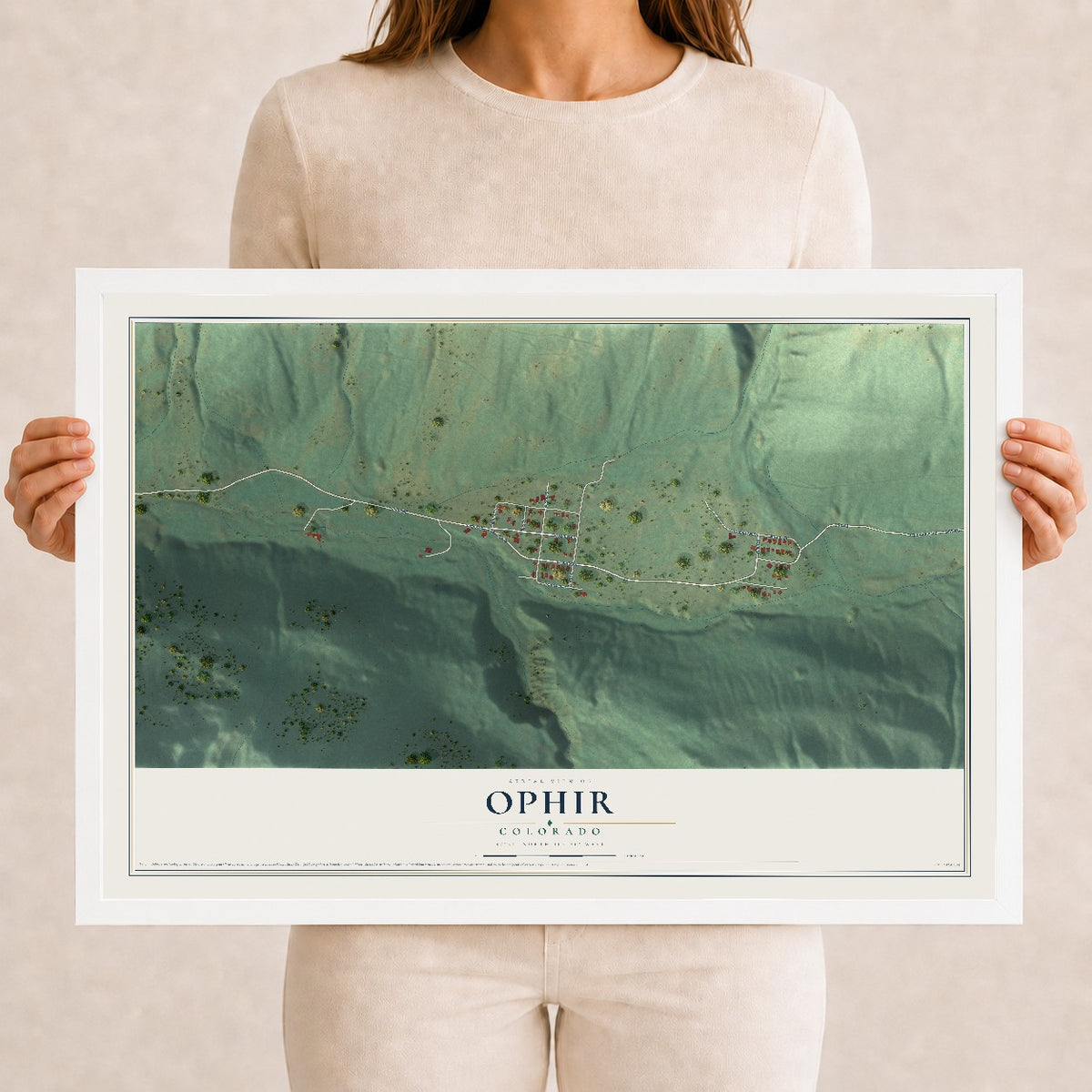 Map of Ophir, Colorado, 12 x 18 inch print in a white wood frame
