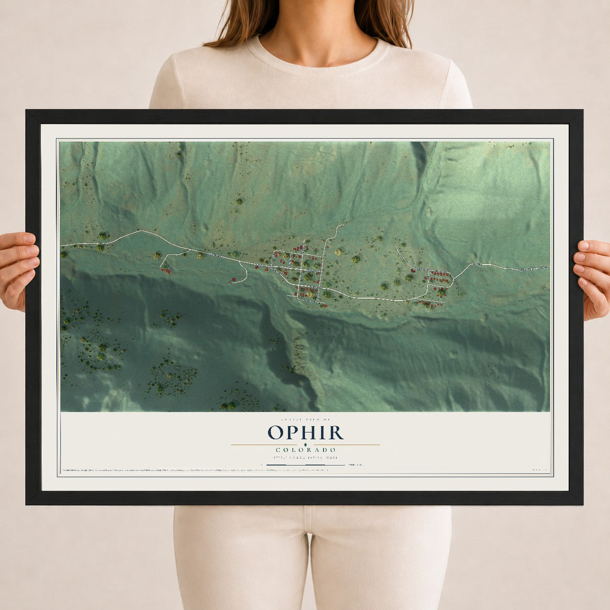 Map of Ophir, Colorado, 18 x 24 inch print in a black wood frame