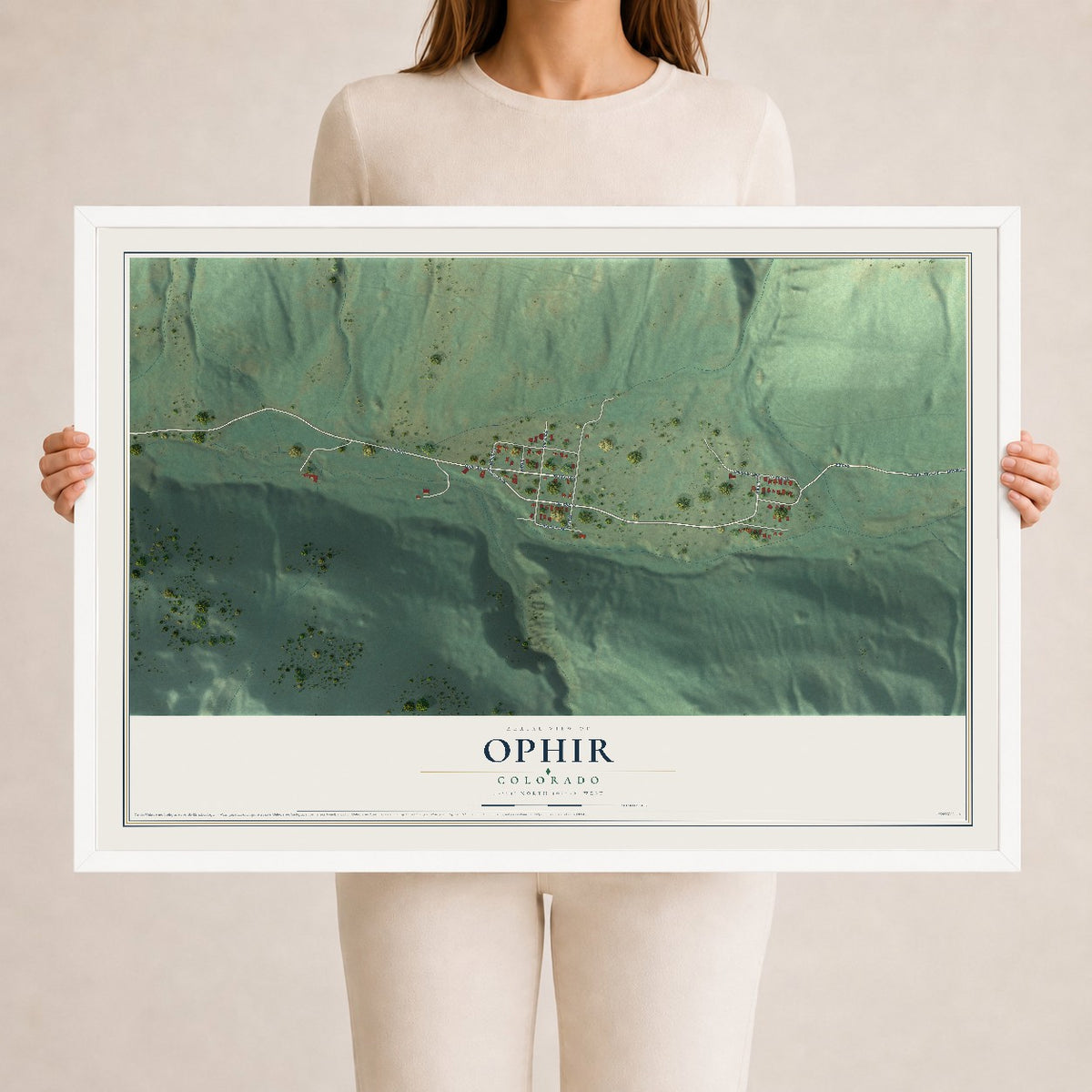 Map of Ophir, Colorado, 24 x 36 inch print in a white wood frame