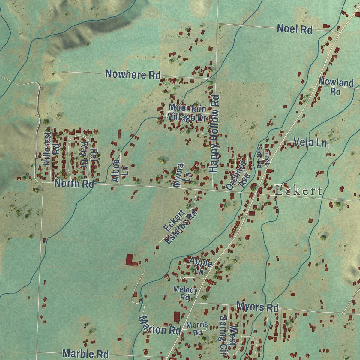 Close-up of the map of Orchard City, Colorado print showing street and building detail