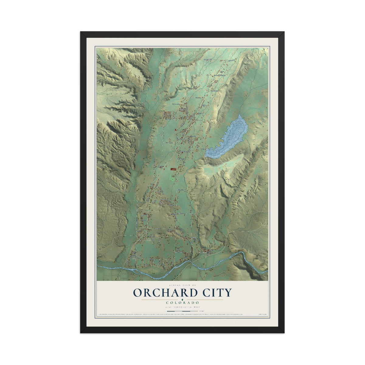 Map of Orchard City, Colorado, 12 x 18 inch print in a black wood frame