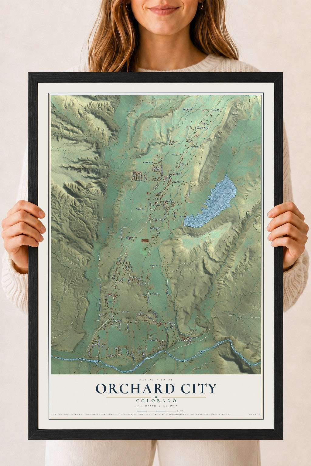 Map of Orchard City, Colorado, 18 x 24 inch print in a black wood frame