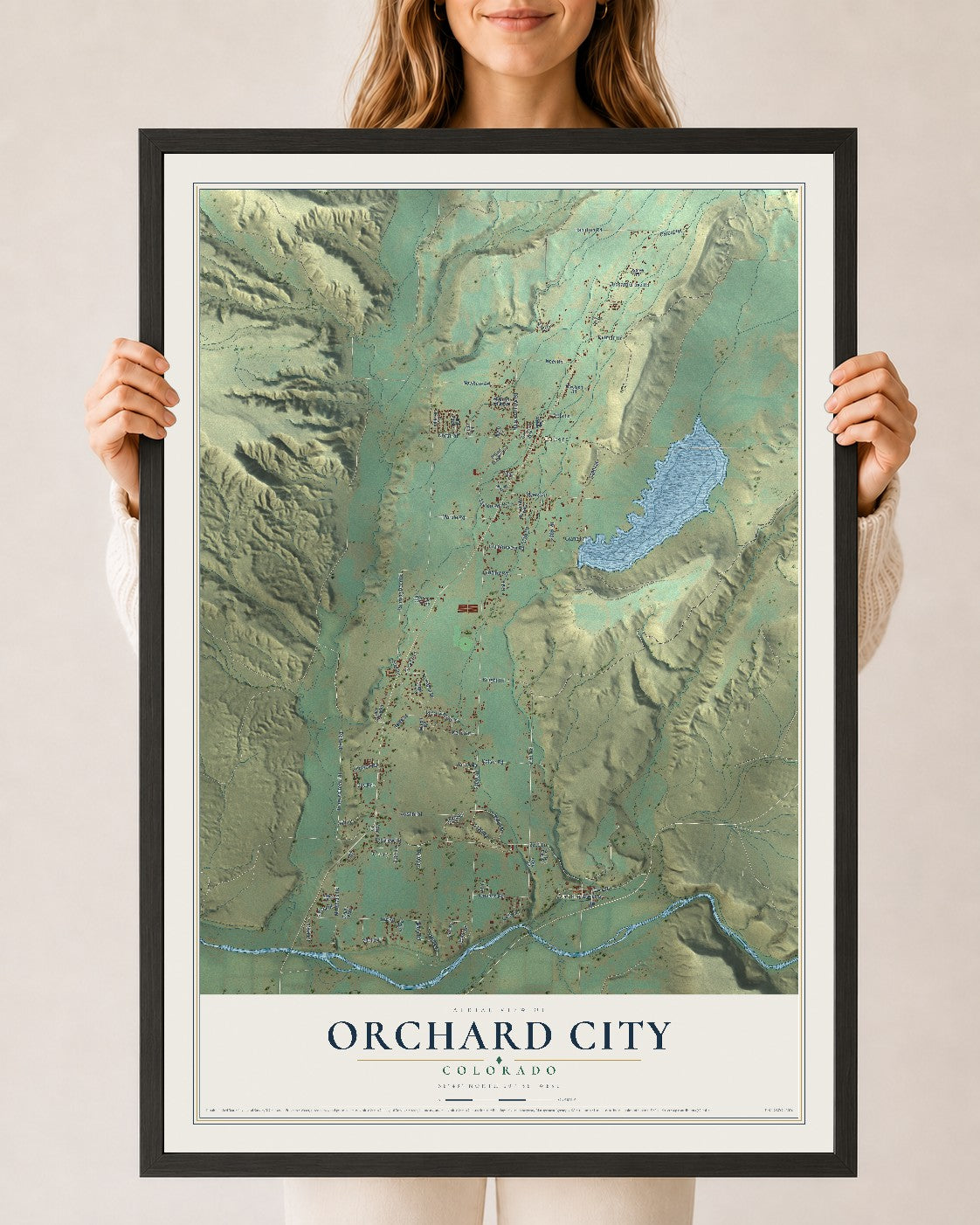 Map of Orchard City, Colorado, 24 x 36 inch print in a black wood frame