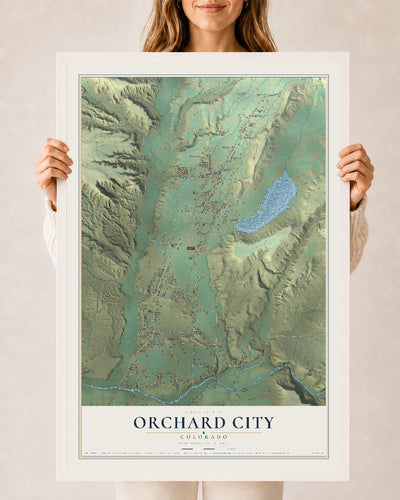 Map of Orchard City, Colorado, 24 x 36 inch print in a white wood frame