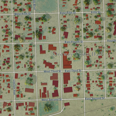 Close-up of the map of Ordway, Colorado print showing street and building detail